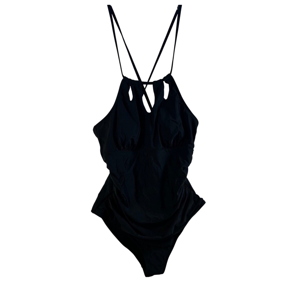 CUPSHE Black Halter Neck Ruched One Piece Swimsuit Women's Size L